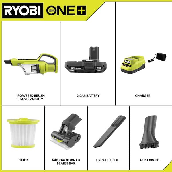 ONE+ 18V Cordless Hand Vacuum with Powered Brush Kit with 2.0 Ah Battery and Charger