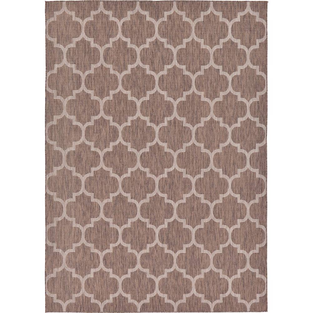Rectangular Easy-Care Outdoor Lattice Brown Rug