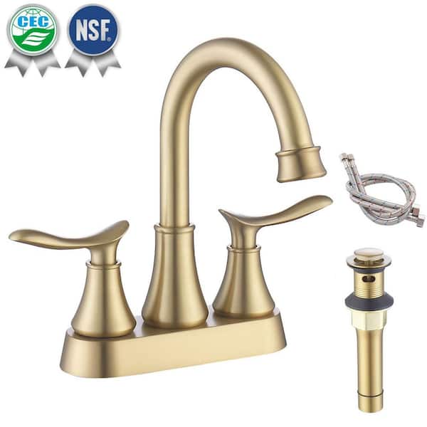 4 in. Centerset Double Handle High Arc Bathroom Faucet with Supply Hoses and Pop-up Drain in Brushed Gold
