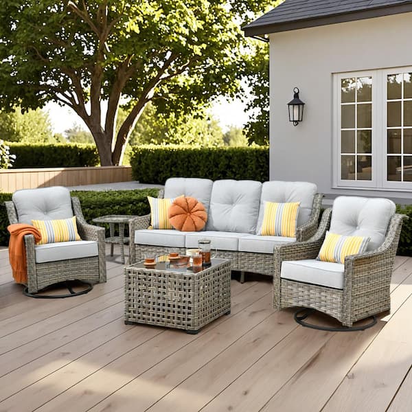 XIZZI Blanche 5-Piece Wicker Patio Conversation Seating Sofa Set with Light Gray Cushions and Swivel Rocking Chairs