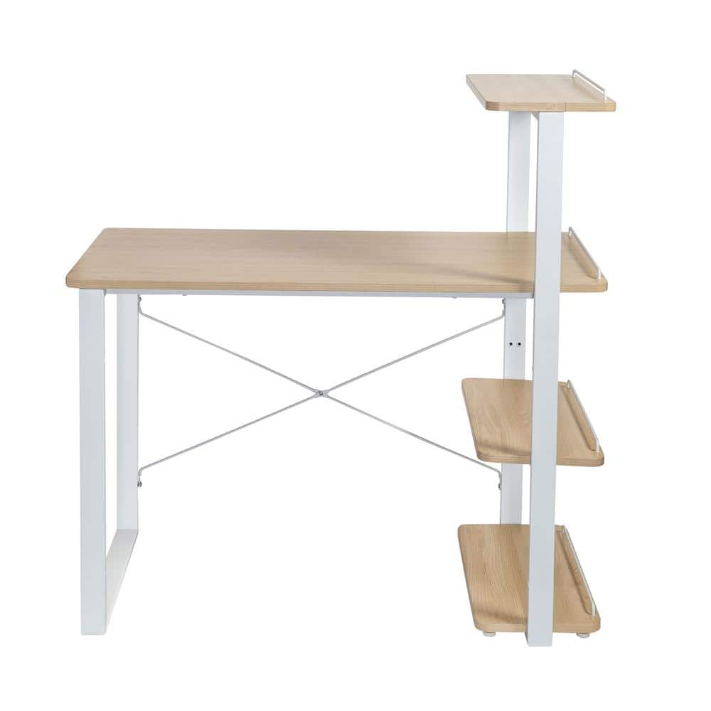 White Wood Home Office Desk with Adjustable Shelves