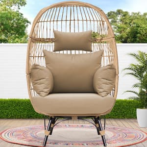 Patio Beige Stationary Wicker Ourdoor Indoor Lounge Egg Chair with Brown Cushions 440 lbs. Weight Capacity