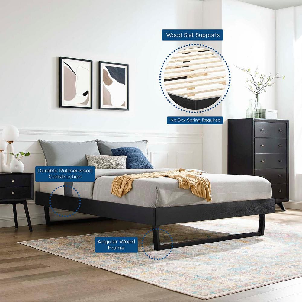 Mid-Century Modern Velvet Queen Platform Bed with Wood Frame