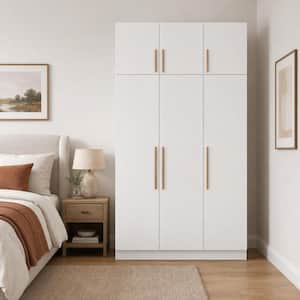 White Wood 47.2 in. W 6-Door Armoire, Bedroom Wardrobe with Hanging Rod and 7-Storage Shelves, 90.6 in. H x 19.7 in. D