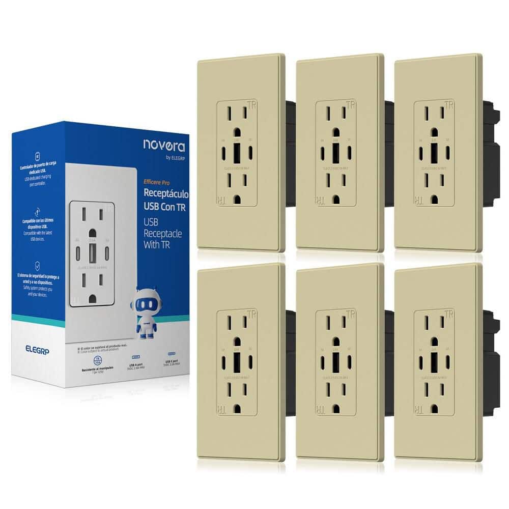 30W 6.0 Amp 3-Port USB Wall Outlet 15A Duplex Receptacle with Dual Type C and A Ports w/ Wall Plate, Matte Ivory 6-Piece price history on PriceWatchPro