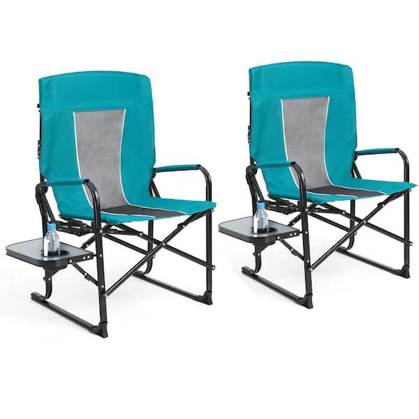 Folding Outdoor Camping Chair, 2-Piece Oversized Portable Chair Set w/ Side Table, for Beach, Fishing, Trip, Picnic-Blue