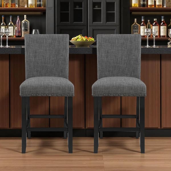 40.24 in. H Gray, Black Counter Height Solid and Manufactured Wood Bar Stool with Upholstered Seat (Set of 2)