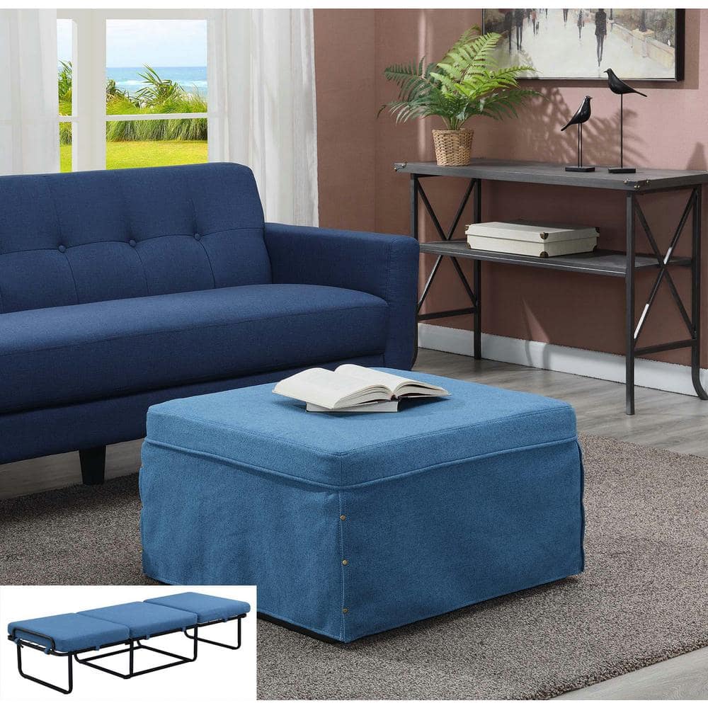 Soft Blue Fabric Convertible Ottoman Twin Bed with Metal Frame