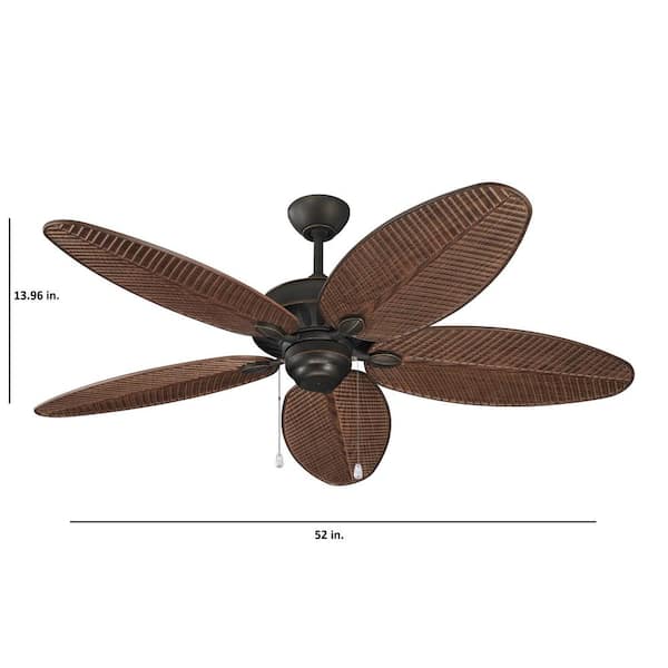 Generation Lighting - Cruise 52 in. Wet Rated Coastal Outdoor Roman Bronze Ceiling Fan with American Walnut Palm Leaf Blades and Pull Chain