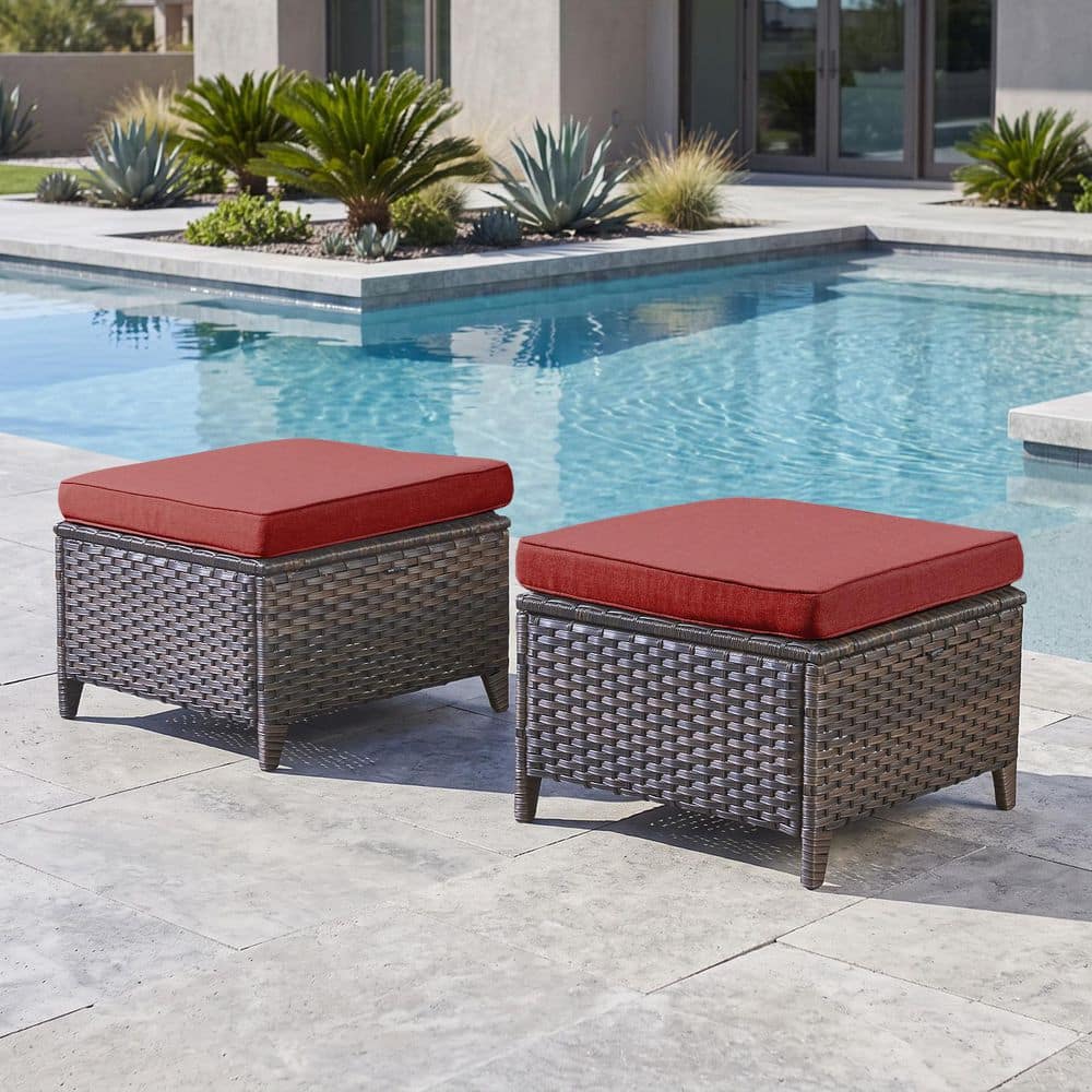 MoonLuxe Brown Wicker Outdoor Ottoman with Olefin Red Cushions Patio/ Porch (2-Pack)