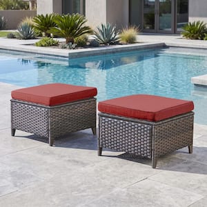 MoonLuxe Brown Wicker Outdoor Ottoman with Olefin Red Cushions Patio/ Porch (2-Pack)