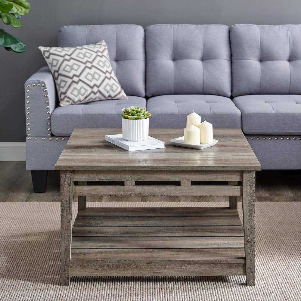 Welwick Designs 30 in. Grey Wash Wood Farmhouse Coffee Table with Lower ...