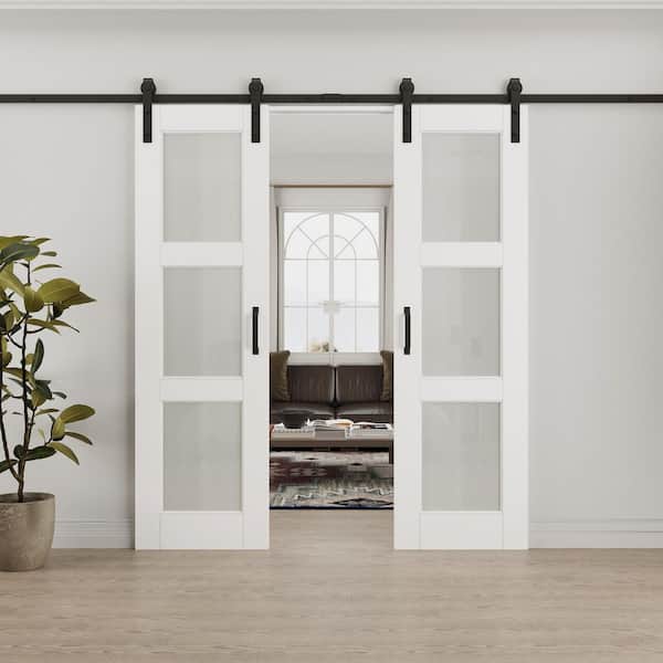 36 in. x 80 in. 3-Lite Frosted Glass White Primed Composite MDF Sliding Barn Door with Hardware Kit and Soft Close