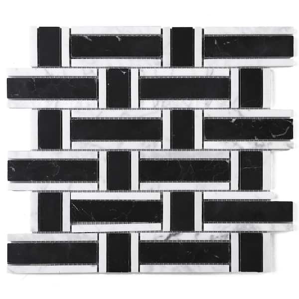 MOLOVO Nero Marquina Black and White 12.01 in. x 12.01 in. Geometric Polished Marble Mosaic Tile (10.1 sq. ft./Case)