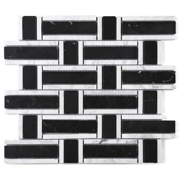 MOLOVO Nero Marquina Black and White 12.01 in. x 12.01 Geometric Polished Marble Mosaic Tile Sample