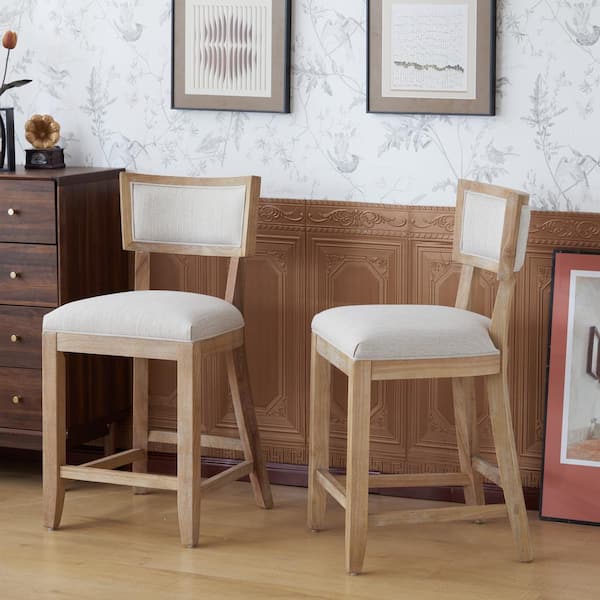 Noble House 26.50 in. H Brown and Beige Upholstered Back Rubberwood Counter Stool, Set of 2