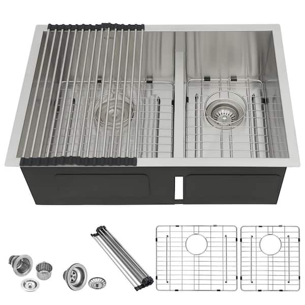 28 in. Undermount Double Bowl Low 16-Gauge Divide Stainless Steel 60/40 Kitchen Sink with Bottom Grid/Strainer