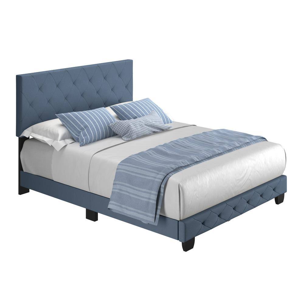 Full Blue Linen Upholstered Platform Bed with Tufted Headboard