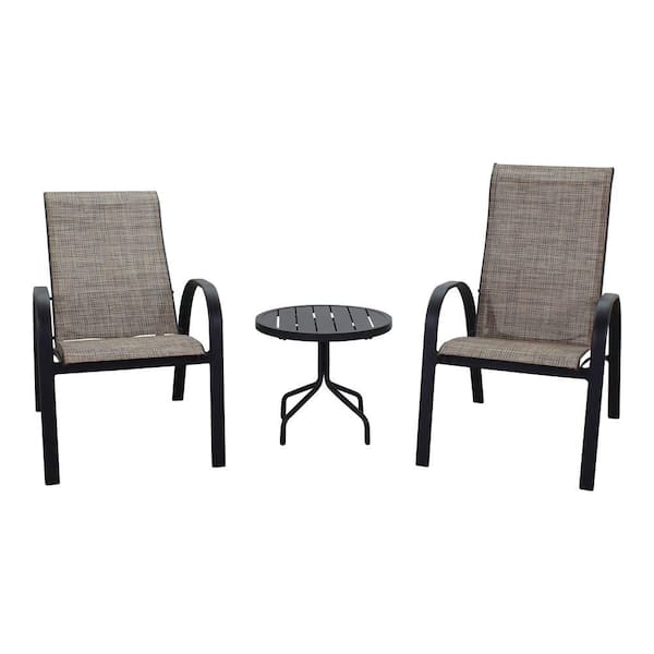 Courtyard Casual Santa Fe 3-Piece Aluminum Patio Conversation Set in Java with 2 Reclining Sling Chairs and 1 Round 20" End Table