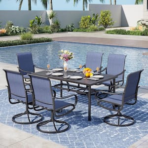 Black 7-Piece Metal Rectangle Patio Outdoor Dining Set with Straight-Leg Rectangle Table and Textilene Swivel Chairs