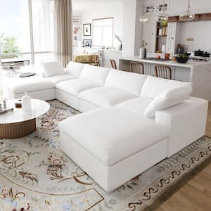 161 in. Flared Arm 1-Piece Linen U-Shaped Sectional Sofa in White