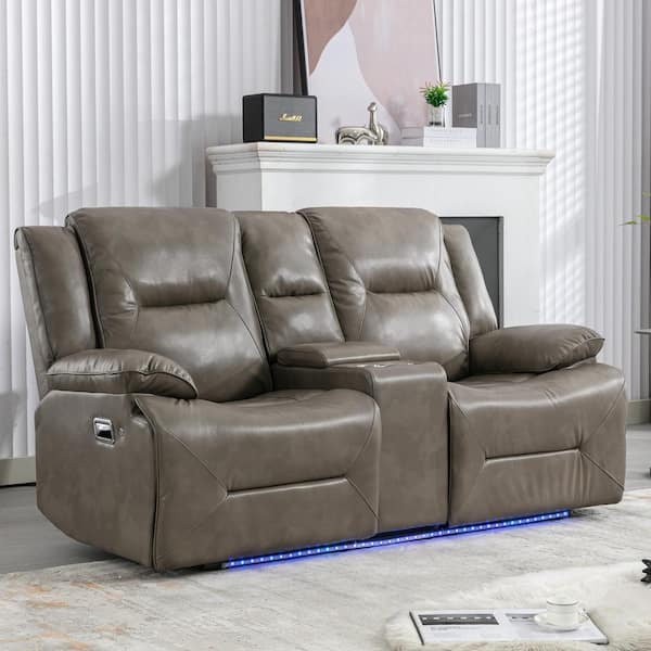 Luxurious Leather Home Theater Recliner, Recliner Chair with a LED Light Strip, 2 Cup Holders and a Storage Box, Gray