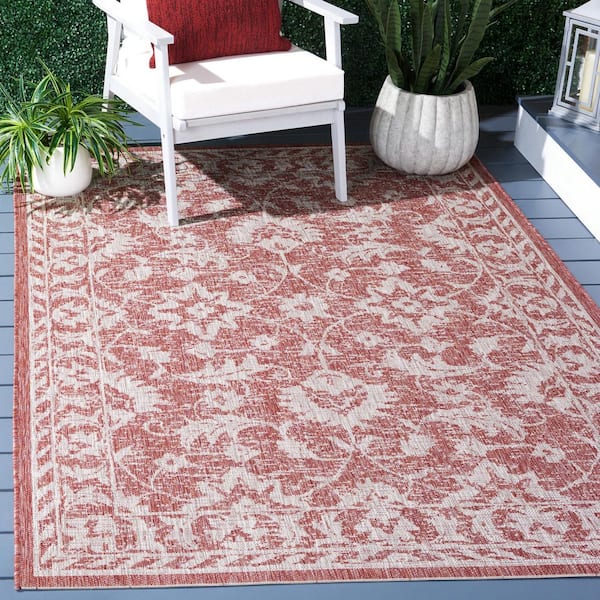 Courtyard Red/Beige 5 ft. x 8 ft. Distressed Ornate Floral Indoor/Outdoor Area Rug