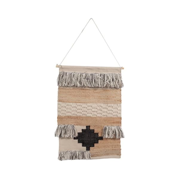 Liv & Skye Ivory 36 in. x 24 in. Wood Woven Cotton and Polyester Canvas Rectangle Aztec Natural Wall Art on Rod