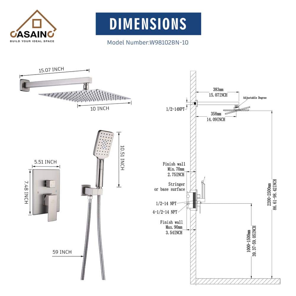 Brushed Nickel Wall Mounted Multi-head Shower System with Handheld and Rain Shower