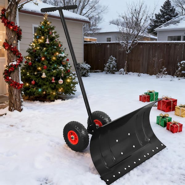 Black 40 in. Metal Handle Steel Snow Shovel with Wheels, Cushioned Adjustable Angle Handle Snow Removal Tool
