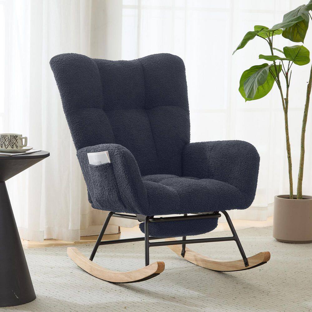 25.2 in. W Black Teddy Fabric Wingback Rocking Chair with Footrest Side Pocket, Solid Wood Base for Living Room