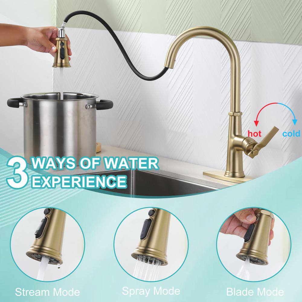 Brushed Gold Stainless Steel Single Handle Pull Down Kitchen Faucet
