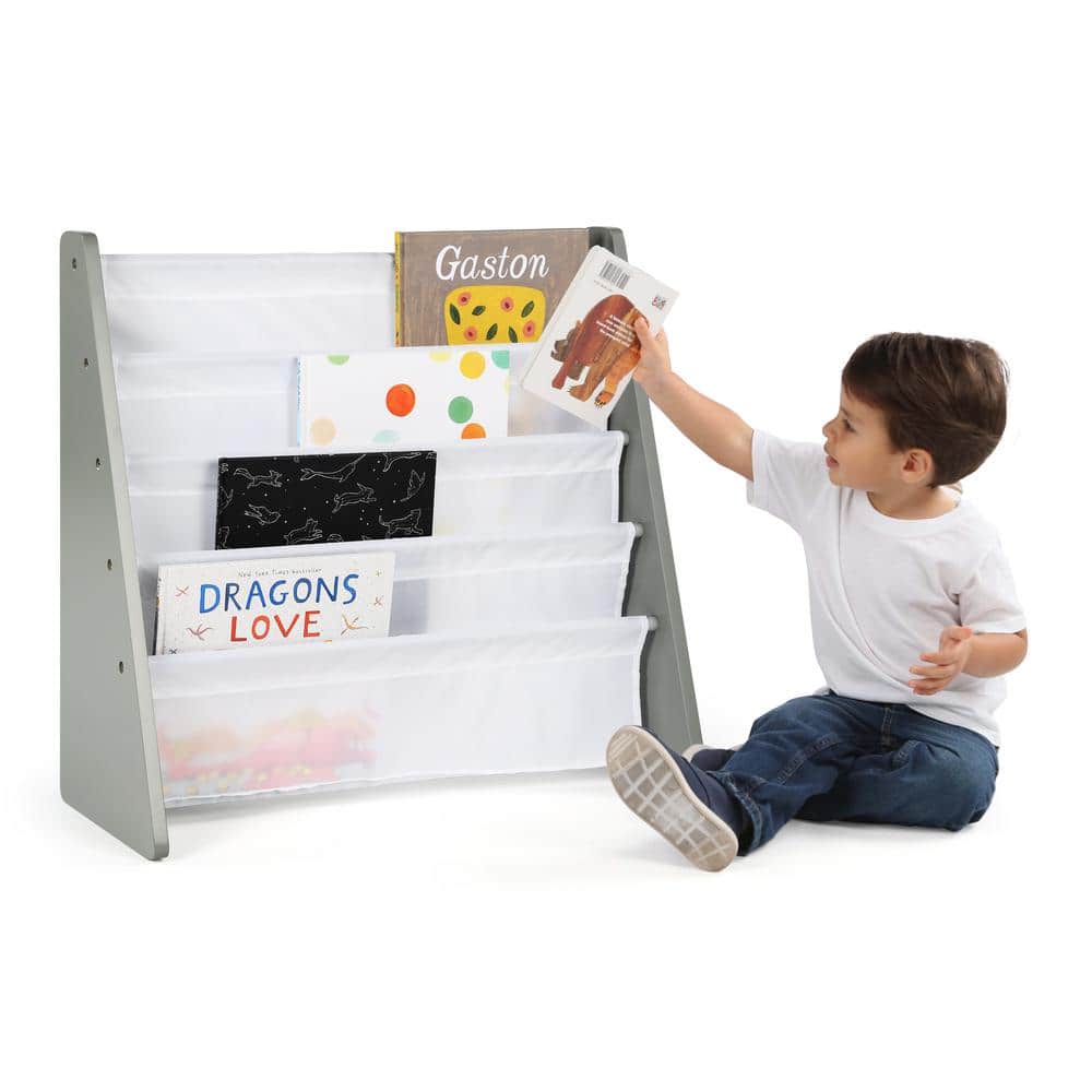 Gray and White Kids 4-Tier Fabric Book Rack