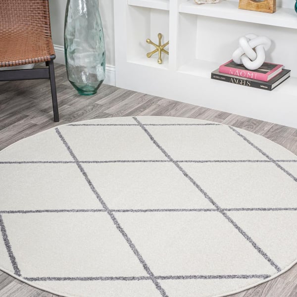 JONATHAN Y Cole Minimalist Diamond White/Gray 5 ft. Round Trellis Area Rug