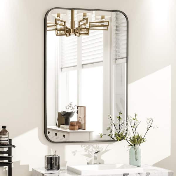 XRAMFY Rectangular Modern Black Aluminum Framed Rounded Bathroom Mirror Wall Mirror 26 in. W x 37.8 in. H