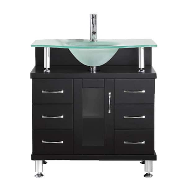 Virtu USA Vincente 32 in. W Bath Vanity in Espresso with Glass Vanity Top in Aqua with Round Basin