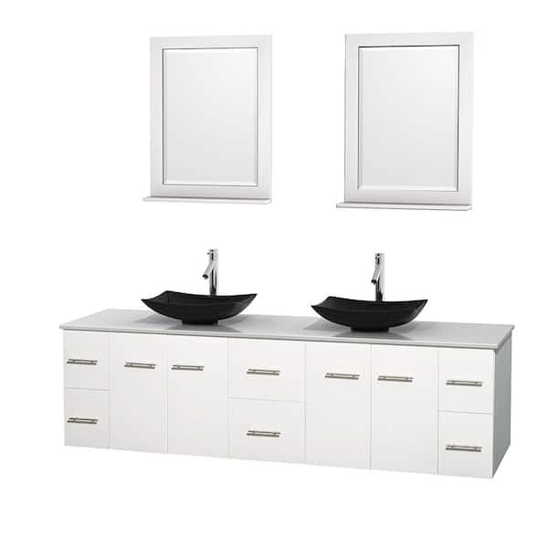 Wyndham Collection Centra 80 in. Double Vanity in White with Solid-Surface Vanity Top in White, Black Granite Sinks and 24 in. Mirrors