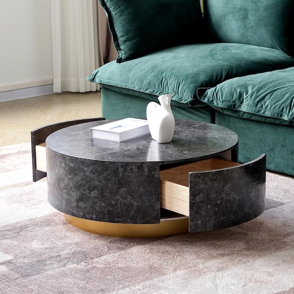 Magic Home 33 in. Modern Gray Round Wood Round Coffee Table Center Table with 2 -Drawers, Fully Assembled