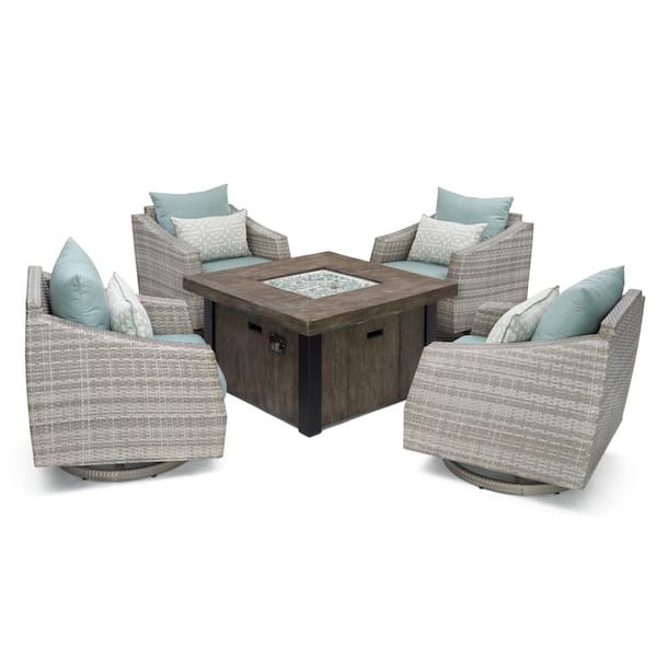 RST BRANDS Cannes 5-Piece Wicker Motion Patio Fire Pit Conversation Set with Sunbrella Spa Blue Cushions