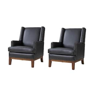 Lourdes Genuine Leather Arm Chair with Solid Wood Frame and Removable Seat Cushion, Set of 2-BLACK