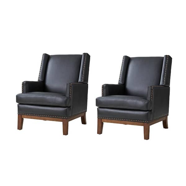 JAYDEN CREATION Lourdes Genuine Leather Arm Chair with Solid Wood Frame and Removable Seat Cushion, Set of 2-BLACK