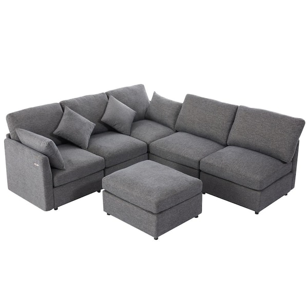 85.4 in. Chenille Sectional Sofa in Gray with Movable Ottoman and 2 USB Ports