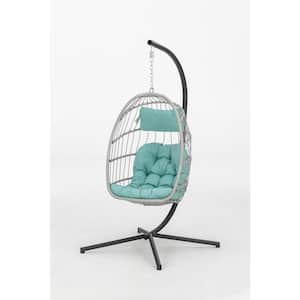 Outdoor Patio 38 in. W 1-Person Wicker Swing Hanging Chair Egg Chair with Blue Cushion