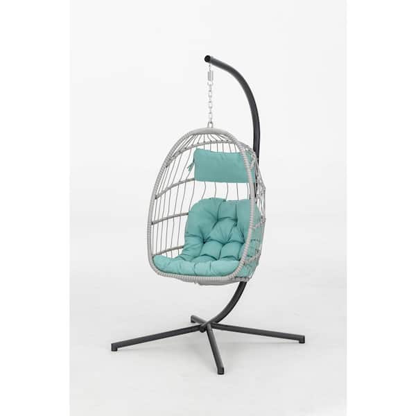 Cesicia Outdoor Patio 38 in. W 1-Person Wicker Swing Hanging Chair Egg Chair with Blue Cushion