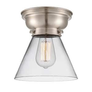 Cone 7.75 in. 1-Light Brushed Satin Nickel Flush Mount with Clear Glass Shade