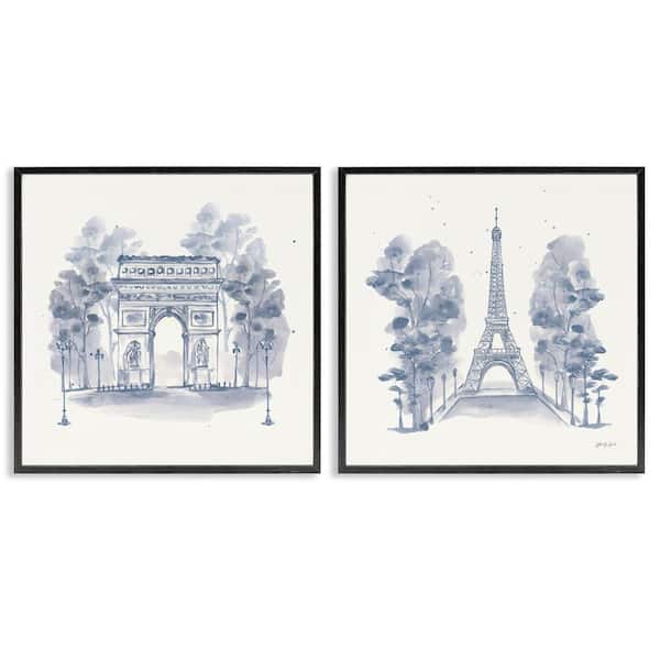 Stupell Industries French Landmarks in Blue by Yvette St. Amant 2-Pieces Black Framed Architecture Giclee Art Print 17 in. x 17 in.