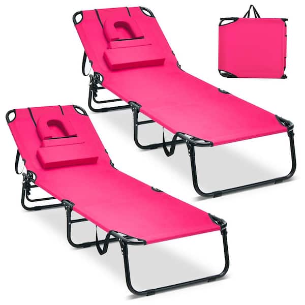 Gymax 2-Piece 5-Position Lounge Chair Adjustable Beach Chaise with Face Cavity and Pillows