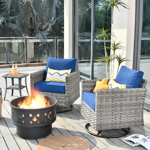 Toject Eufaula Gray 4-Piece Wicker Patio Conversation Swivel Chair Set with a Wood-Burning Fire Pit and Navy Blue Cushions