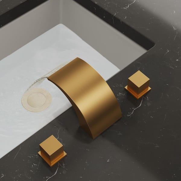 Modern 3 Hole Waterfall 8 in. Widespread Double Handle Bathroom Faucet in Brushed Gold Pop-Up Drain Included