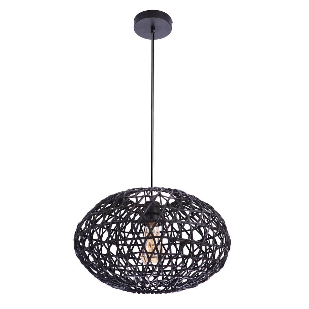 Black Woven Orb Rattan and Iron Pendant Light for Indoor/Outdoor
